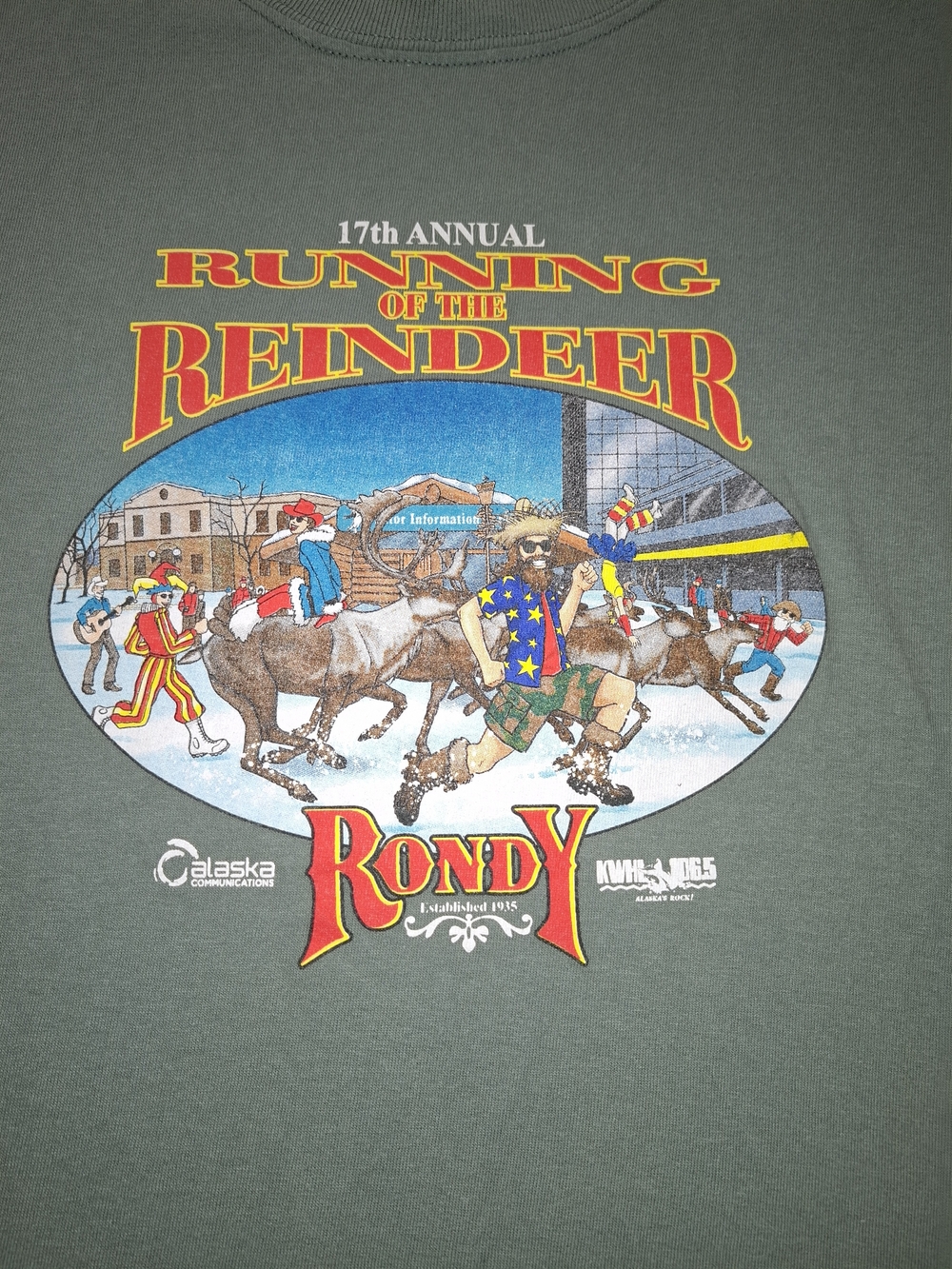Fur Rhondy 1990s Vintage  Sage Green Reindeer Graphic Tee - Picture 2 of 6